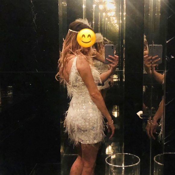 “Banjul" white sequin, feather mini sleeveless cocktail dress - Picture 4 of 9